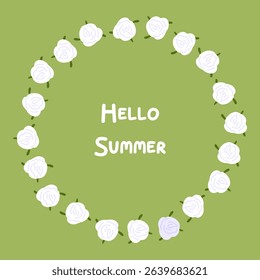 White Floral Wreath Illustration. Flat cartoon floral wreath made of small white roses on a green background. Decorative circular composition with soft botanical summer theme.