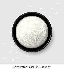 White flour in a black bowl, scattered long grain rice. Realistic vector illustration. Gray background. Top view.