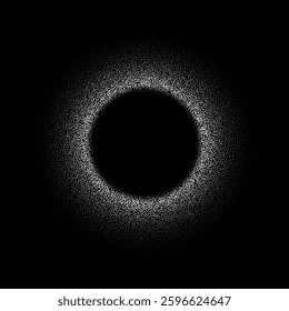 White flour powder round frame isolated on black background with copy space. Shiny ring of silver confetti. Vector circle of salt or snow spray texture