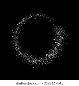 White flour powder round frame isolated on black background with copy space. Shiny ring of silver confetti. Vector circle of salt or snow spray texture