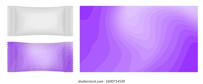 White flow pack or pouch. Purple pattern for packaging design. Candy, cookie or chocolate bar packaging. Eco packaging mockup	