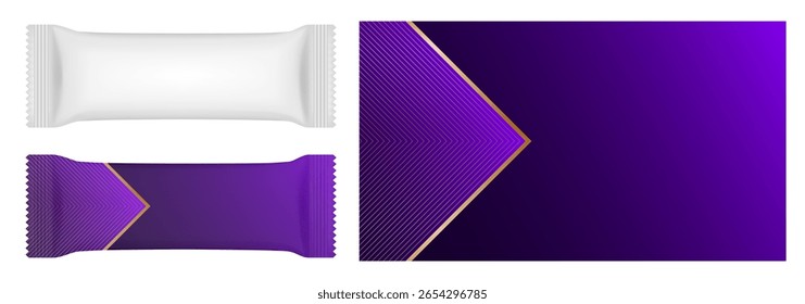 Embalagem ou bolsa de fluxo branca. Padrão roxo para design de embalagem. Embalagens de doces, biscoitos ou barras de chocolate.