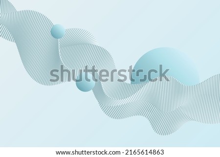 White flow particles wave with turquoise spheres illustration. Abstract navy blue gradient background of volume dots structure Foto stock © 