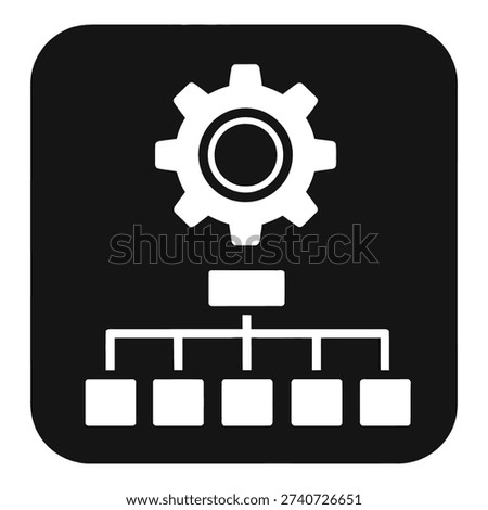 White flowchart icon with gear on black square background icon