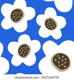 white flower abstract hand drawn in blue background wallpaper minimalist art style seamless pattern 