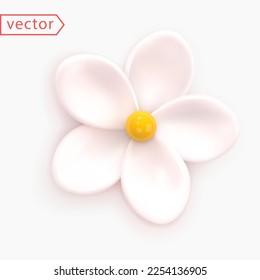 White Flower. Abstract minimal flower of Chamomile, Daisy, Jasmine, Cherry. Realistic 3d design element.Culinary cream cake decoration. Icon isolated on white background. 3d Render Vector illustration