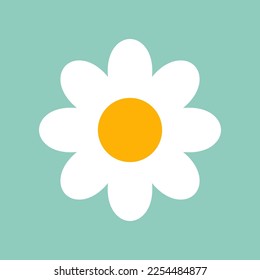 White flower with big petals vector illustration. Cartoon drawing of chamomile or daisy on mint background for decoration or pattern design. Blossom, spring flowers, summer, nature concept