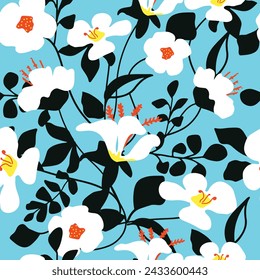 Weiße Blume mit schwarzem Blatt auf hellblauem Hintergrund nahtloses Muster