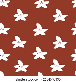 White flower blooming on red background seamless pattern vector hand drawn.