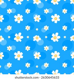 White flower and blue bubble on blue background, design of flower pattern collection.