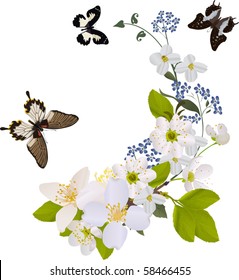 white flower branches with three big butterflies