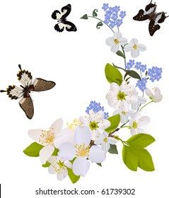 white flower branches with three big butterflies