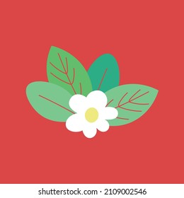 White flower and a bunch of green leaves. Flat style botanical icon. Decorative element for banners, postcards, UI, print materials. Botanical elements. Spring. Plants. Vector illustration. 