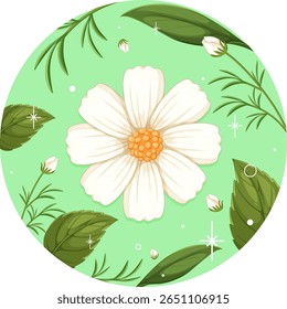 Flor branca centrada em uma composição circular com folhas verdes e botões em um fundo de hortelã, apresentando linhas vetoriais limpas