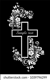 White Flower Cross isolated on black background. Christian Symbol. Vector Illustration