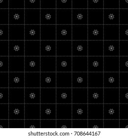 White Flower in Dash Chess Board Japanese Seamless on Black Background. Vector Illustration.