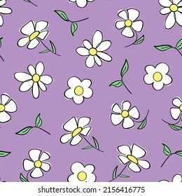 White flower drawings on purple. Seamless pattern repeating texture background design for fashion graphics, textile prints, fabrics, wallpapers.