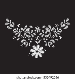 white flower embroidery  artwork design for neckline clothing, isolated vector