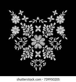 white flower embroidery artwork design for neckline clothing, isolated vector