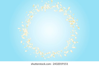 White Flower Fly Vector Blue Background. Yellow Japan Blossom Banner. Gold Rose Flying Illustration. Delicate Cherry Blur Backdrop. Falling Lotus Poster.