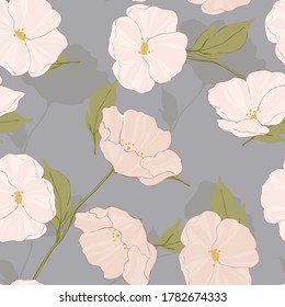 White Flower Foliage Vector Seamless Pattern. Beautiful Garden Tile. Poppies Retro Pattern. Pink Flowers Backdrop.