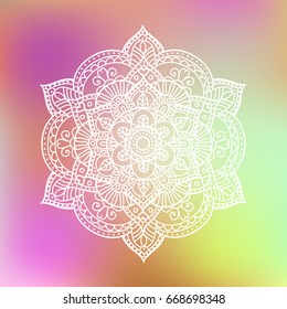 White flower hand drawn mandala on colorful background. Vintage decorative element, vector illustration