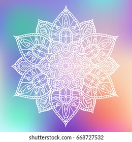 White flower hand drawn mandala on colorful background. Vintage decorative element, vector illustration