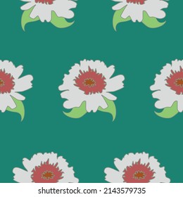 White flower heads vector seamless repeat pattern on a deep green background