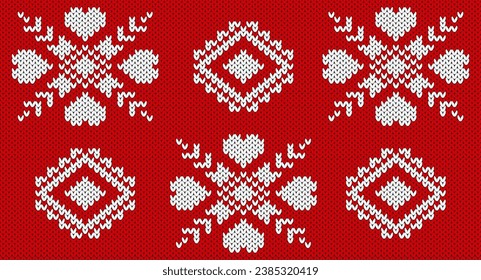 White flower and heart on red knitted pattern, Festive Sweater Design. Seamless Knitted Pattern