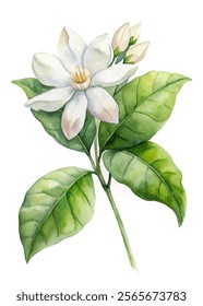 White flower illustration, botanical art, watercolor style, nature design, floral decor, elegant greenery, artistic composition.