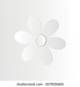 White flower isolated on white with gray gradient background, flower vector illustration, 3d effect, neomorphism.