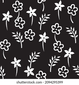 White flower and leaves on black background seamless pattern
