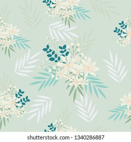 white flower and leaves seamless pattern 