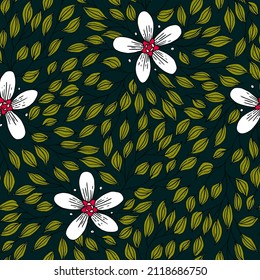 White Flower With Leaves Seamless Pattern. Suitable for background media such as the textile, clothing, posters, covers and other industries.