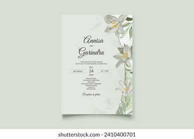 flor blanca y deja la plantilla de invitación de boda establecida con fondo de color agua   Vector Premium