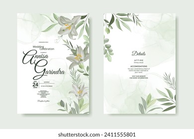 white flower and leaves wedding invitation template set with watercolour background Premium Vector