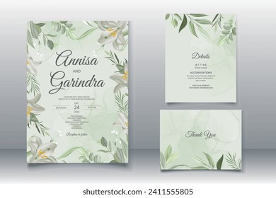 white flower and leaves wedding invitation template set with watercolour background Premium Vector