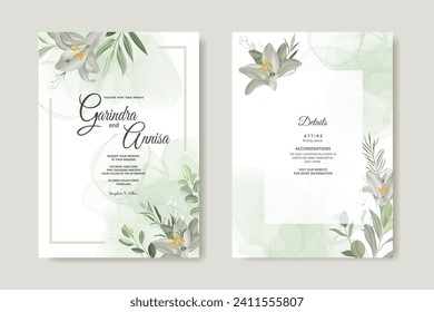 white flower and leaves wedding invitation template set with watercolour background Premium Vector