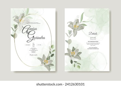 white flower and leaves wedding invitation template set with watercolour background Premium Vector