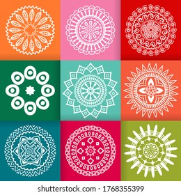 White Flower Mandalas design set on colorful backgrounds. Vintage decorative elements. Oriental pattern isolated vector illustration. 