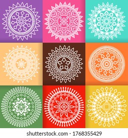 White Flower Mandalas design set on colorful backgrounds. Vintage decorative elements. Oriental pattern isolated vector illustration. 