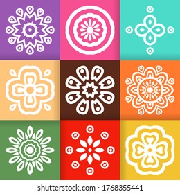 White Flower Mandalas design set on colorful backgrounds. Vintage decorative elements. Oriental pattern isolated vector illustration. 