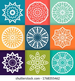 White Flower Mandalas design set on colorful backgrounds. Vintage decorative elements. Oriental pattern isolated vector illustration. 