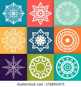 White Flower Mandalas design set on colorful backgrounds. Vintage decorative elements. Oriental pattern isolated vector illustration. 
