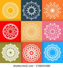White Flower Mandalas design set on colorful backgrounds. Vintage decorative elements. Oriental pattern isolated vector illustration. 