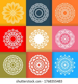 White Flower Mandalas design set on colorful backgrounds. Vintage decorative elements. Oriental pattern isolated vector illustration. 