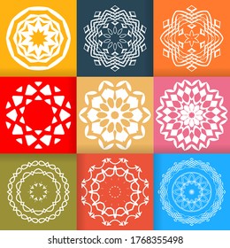 White Flower Mandalas design set on colorful backgrounds. Vintage decorative elements. Oriental pattern isolated vector illustration. 