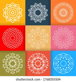 White Flower Mandalas design set on colorful backgrounds. Vintage decorative elements. Oriental pattern isolated vector illustration. 