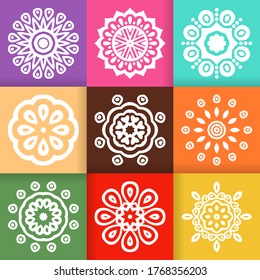 White Flower Mandalas design set on colorful backgrounds. Vintage decorative elements. Oriental pattern isolated vector illustration. 