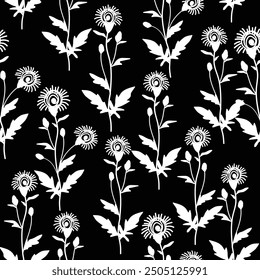 White flower on black background seamless pattern